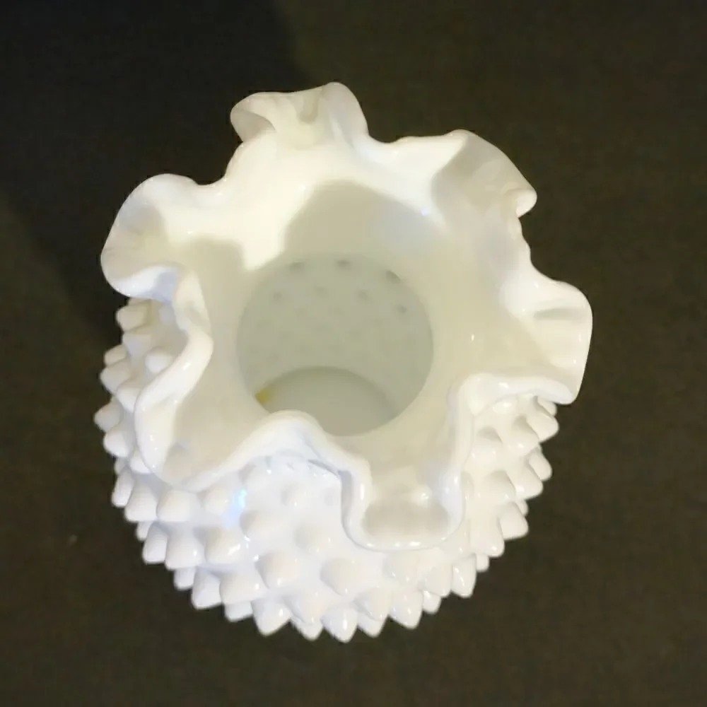 Vintage ruffled hobnail milk glass vase
